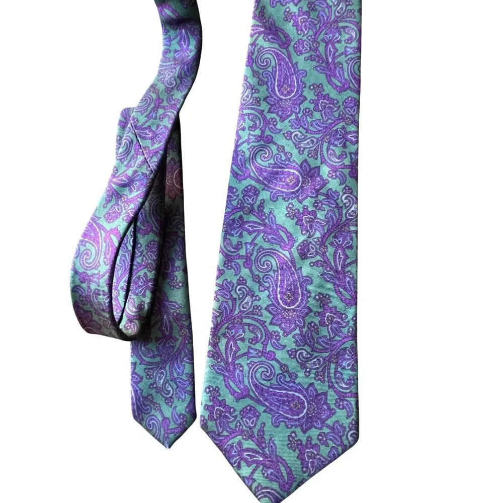 Vintage Bert Pulitzer Lord & Taylor Silk Tie Teal Purple Floral Paisley Foulard